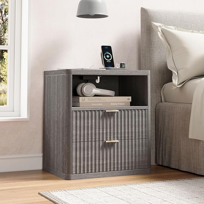 Fluted Nightstand with 2 Drawers Bed Side Table Wide End Table Modern Night Stands with Large Storage Charging Station Mid Century for Bedroom Living Room Office,Gray - Image 8