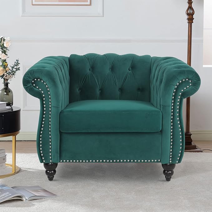 LEVNARY Velvet Chesterfield Chair, Mid-Century Modern Single Sofa Chair with Button Tufted Backrest and Nailhead Decor, Tufted Upholstered Rolled Armchair for Home Bedroom Reading Room (Green)