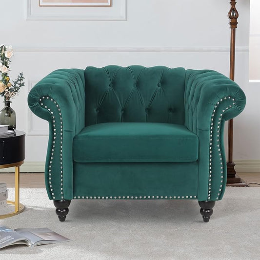 LEVNARY Velvet Chesterfield Chair, Mid-Century Modern Single Sofa Chair with Button Tufted Backrest and Nailhead Decor, Tufted Upholstered Rolled Armchair for Home Bedroom Reading Room (Green)