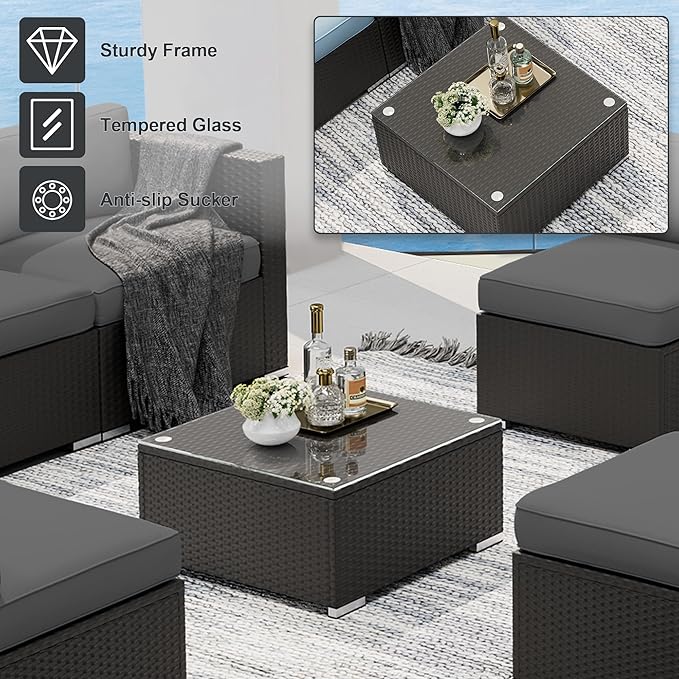 SUNCROWN 7-Piece Outdoor Patio Furniture Sofa Set All-Weather Wicker Sectional Conversation Set with Modern Glass Coffee Table, Cushions and A Waterproof Cover for Backyard, Garden, Poolside, Grey