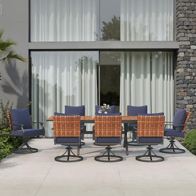 Grand patio 9-Piece Outdoor Dining Set, 8 Leather-Look Wicker Blue Swivel Patio Chairs & 1 Extendable Rectangular Dining Table, Brown - Image 2