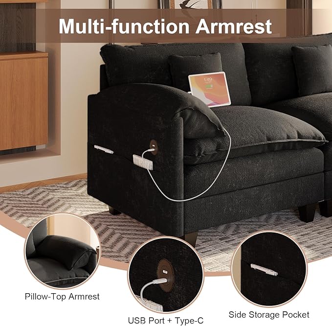 Modular Sectional Sofa, 108” Comfy Cloud Couch with Movable Ottoman | Charging Station | Side Pocket | Throw Pillow, Modern L-Shaped Couches for Living Room, Chenille, Charcoal Black