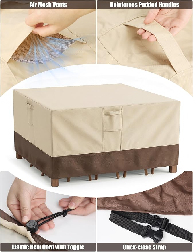 Patio Furniture Covers Waterproof Square, Outdoor Furniture Covers Waterproof Windproof with Padded Handles, Heavy Duty 600D Oxford Outdoor Table Chair Set Cover - Image 4