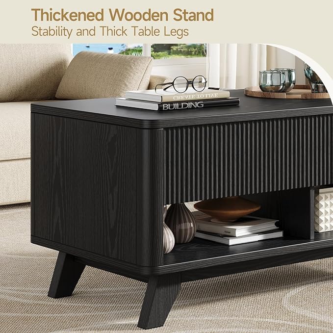 ONBRILL Farmhouse Lift Top Coffee Table, Mid Century Modern Coffee Table with Hidden Storage Compartment, Fluted Rising Pull up Wood Modern Center for Living Room, Office, Black