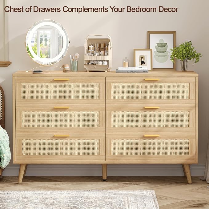 Rovaurx Rattan 6 Drawer Double Dresser for Bedroom, 47.2" Wide Boho Chest of Drawers, Modern Wooden Dresser Chest with Golden Handles, Beside Table for Closet, Living Room and Entryway, Natural Oak - Image 7