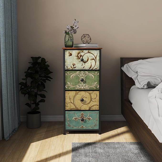 Tohomeor Small Dresser for Bedroom with Retro Flower Narrow Drawers Slim Chest of Drawers Skinny Nightstand Sofa End Table for Living Room Entryway Closet Storage (Multi, 4 Drawers) - Image 2