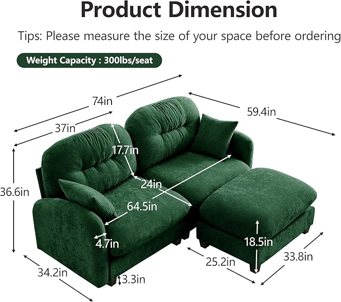 KEIKI 74" L-Shaped Oversized Chenille Modular Sectional Loveseat Sofa with 1 Ottoman, High-Density Foam Cushions, Tufted Pleated Cushion Backrest, 2-Seater Couch with 2 Pillow, for Living Room, Green