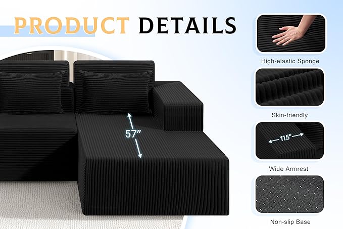 Homguava Modular Sectional Couches for Living Room,105" Cloud Couch with L-Shape Chaise,Comfy Sofa Living Room Sofas with Deep Seat,No Assembly L Couch,Corduroy Fabric(Black,R)