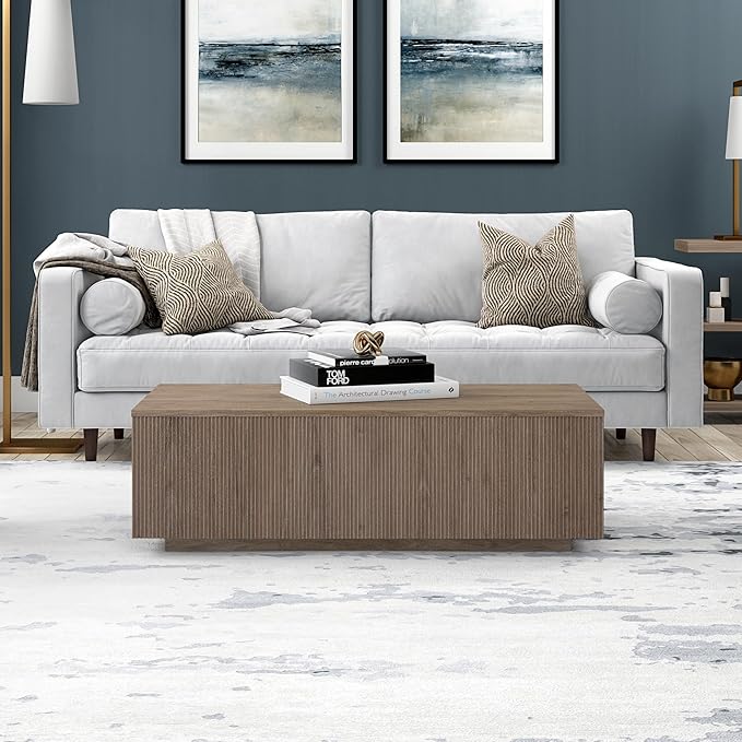 Henn&Hart 48" Fluted Rectangular Low-Profile Coffee Table with Ribbed Sides for Living Room, Family Room, or Office, Weathered Gray