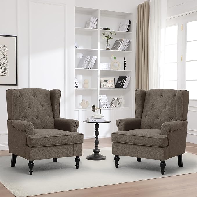Accent Chair Set of 2, Mid Century Modern Fabric Wingback Chair, Upholstered Armchair with High Back and Vintage Legs, Comfy Single Sofa Side Reading Chair for Living Room Bedroom, Brown