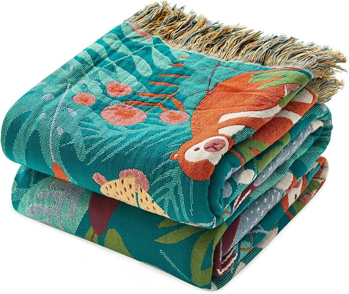 LUTBM Throw Blanket for Bed Couch Sofa Soft Cotton Twin Spring Blankets for Bedroom Living Room All Season Reversible Forest Animals Embroidery Lightweight Quilt Whimsical Home Decor 60"x80"