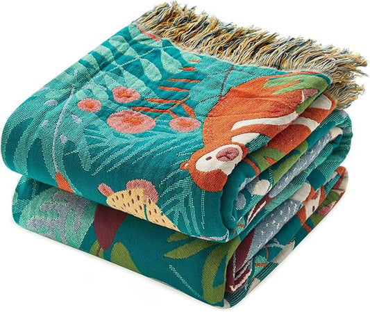 LUTBM Throw Blanket for Bed Couch Sofa Soft Cotton Twin Spring Blankets for Bedroom Living Room All Season Reversible Forest Animals Embroidery Lightweight Quilt Whimsical Home Decor 60"x80"