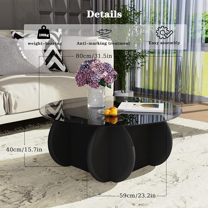 Black Glass Top Coffee Table Modern Elegant Round Coffee Tables with Solid Wood Legs and Tempered Glass Tabletop for Living Room Home Small Space Reception Office Tables 31.5"