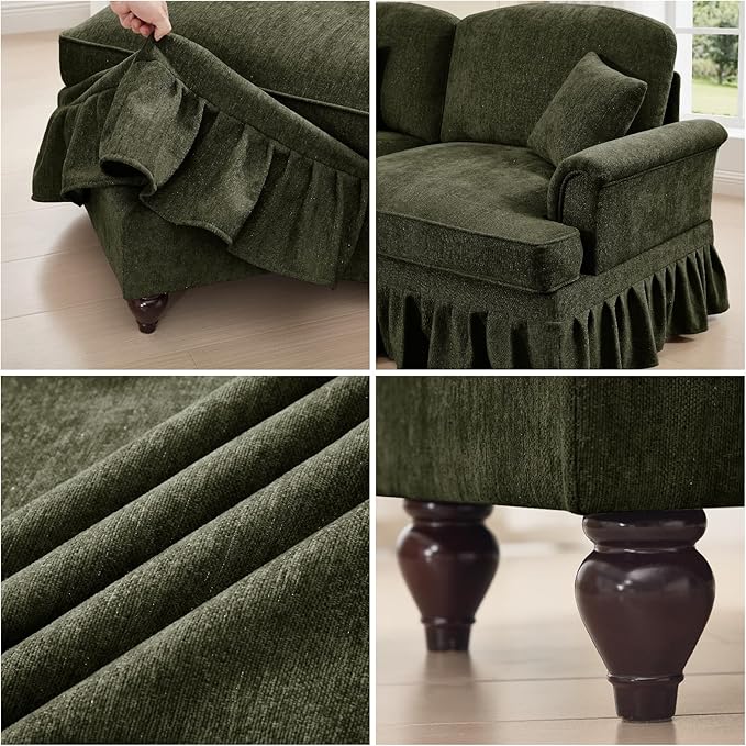 Oversized Large Two Seater Sofa, Comfy Chenille Love Seat Couch with Removable Ruffles Pleats & Large Petal-Shaped Armrests, Elegant Mid Century Convertible Sofa with Spindle Legs, Green