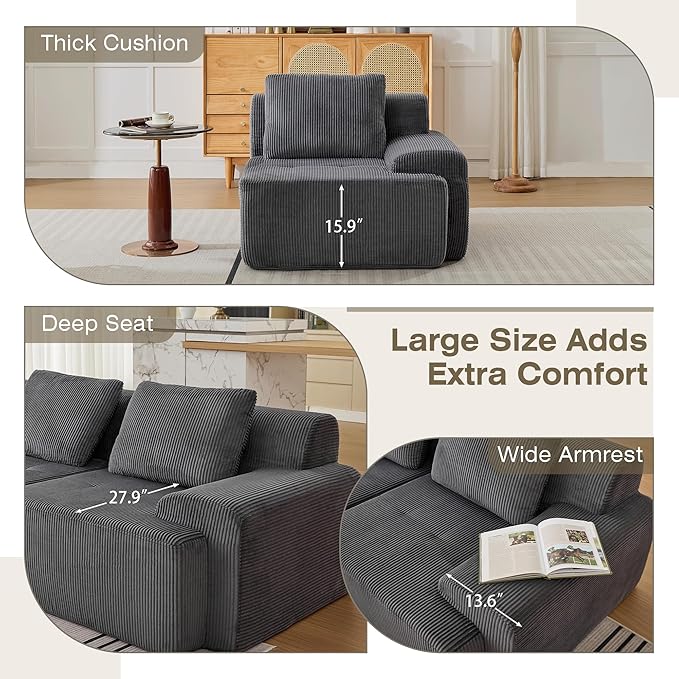 Modular Sectional Sofa, Boneless Couches for Living Room, Corduroy Couch, Big Comfy Couch, Modular Cloud Sofa with Deep Seat (Grey, 1 Piece-Right Armchair)