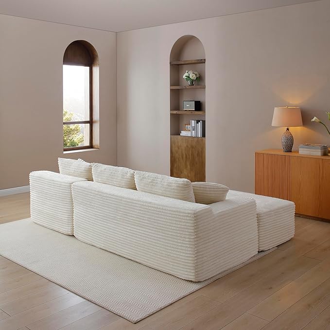 105-Inch L-Shaped Right Facing Corner Compressed Sofa Modular Sectional Boneless Cloud Sofa Floor Foam Couch with Chaise Lounge, Corduroy Corner Boneless Cloud Couch