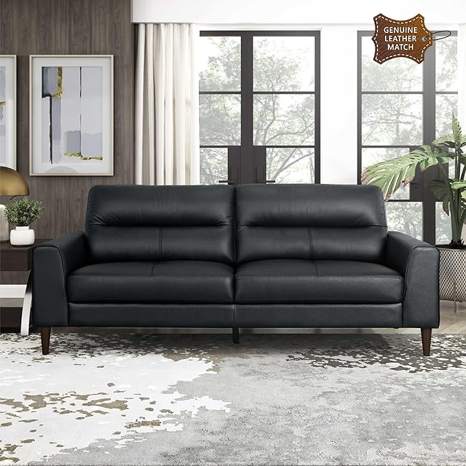 Lexicon Leather Match Couch Sofa, Modern Oversized Sofa, Solid Wood Legs, Top Grain Leather 3 Seater Couch for Living Room, Bedroom, Office, Apartment, Waiting Room, Black