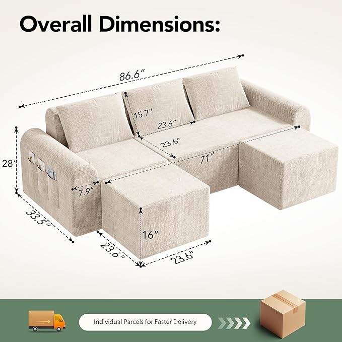 Cloud Modular Sectional Sofa, No Assembly Deep Seat Chenille Couch with 2 Ottomans, 3-Seater Modular Sofa for Living Room, Beige