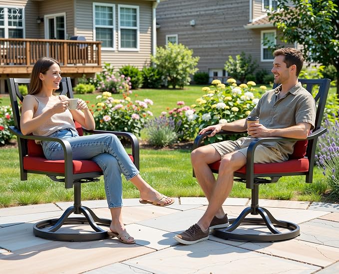 DWVO Swivel Patio Chairs Set of 12, Heavy-Duty Outdoor Swivel Chairs with 352lbs Capacity, All-Weather Metal Frame & Red Plush Cushions with Lumbar Pillow for Patio Deck Poolside Balcony Backyard by DWVO