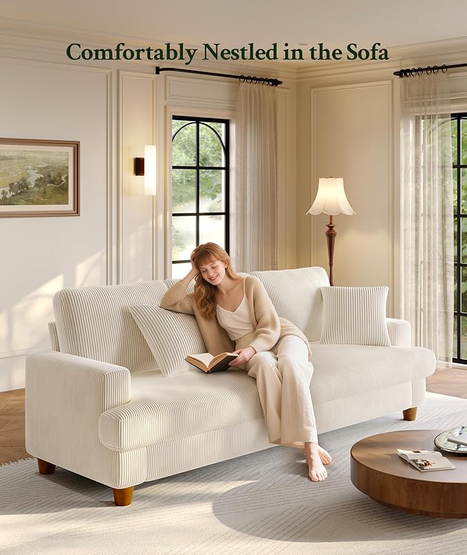 87.2" Couches for Living Room, Comfy Beige Couch 7.5" Extra Thick Cushion, Sofas for Living Room Tool-Free Setup, Loveseat Sofa 848lbs Support, Corduroy Couch for Bedroom, Apartment, Office