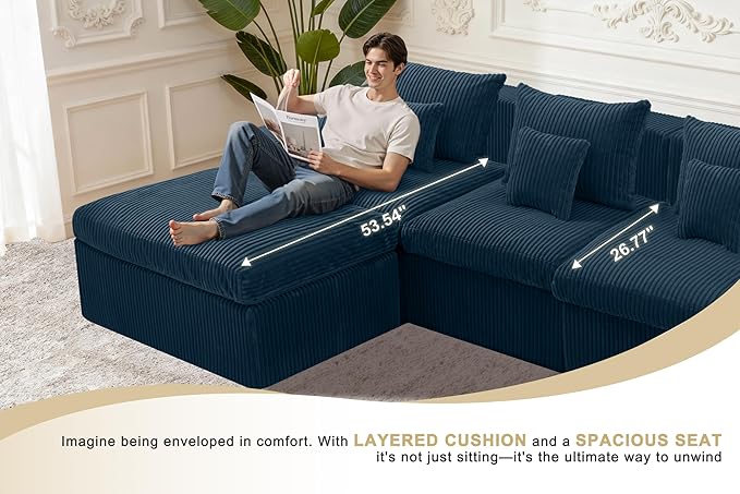 Homguava Modular Sectional Couches for Living Room,101" Cloud Couch with L-Shape Chaise,Comfy Sofa Living Room Couch with Deep Seat,No Assembly (Cordury Blue)