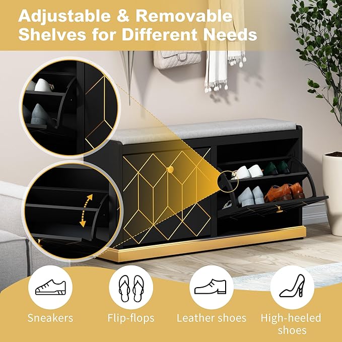 HLR Modern Shoe Bench with Storage, Entryway Bench with 2 Flip Drawer & Padded Cushion Seat, Shoes Storage Bench for Hallway, Closet, Living Room, Black Shoe Storage Cabinet with Bench - Image 6