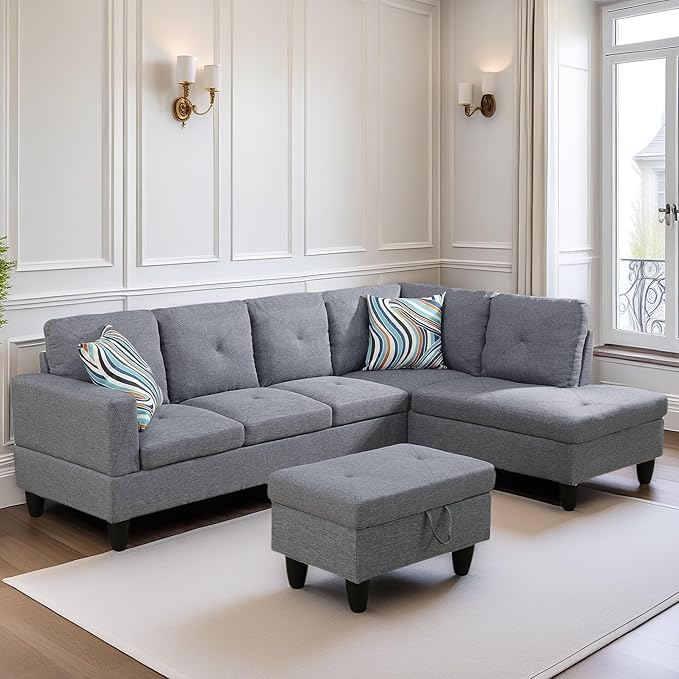 FONTOI L Shaped Sectional Couch Sofa, Modern Couches for Living Room, Comfy 4 Seat Modular Sectional Sofa with Ottoman Storage for Bedroom Apartment, Gray