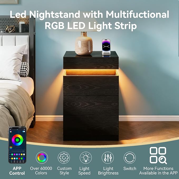 Black Nightstand with Charging Station and LED Light,27'' Tall Night Stand with Sliding Top for Bedroom, Bedside Table with 3 Drawers, Modern End Side Table for Living Room - Image 5