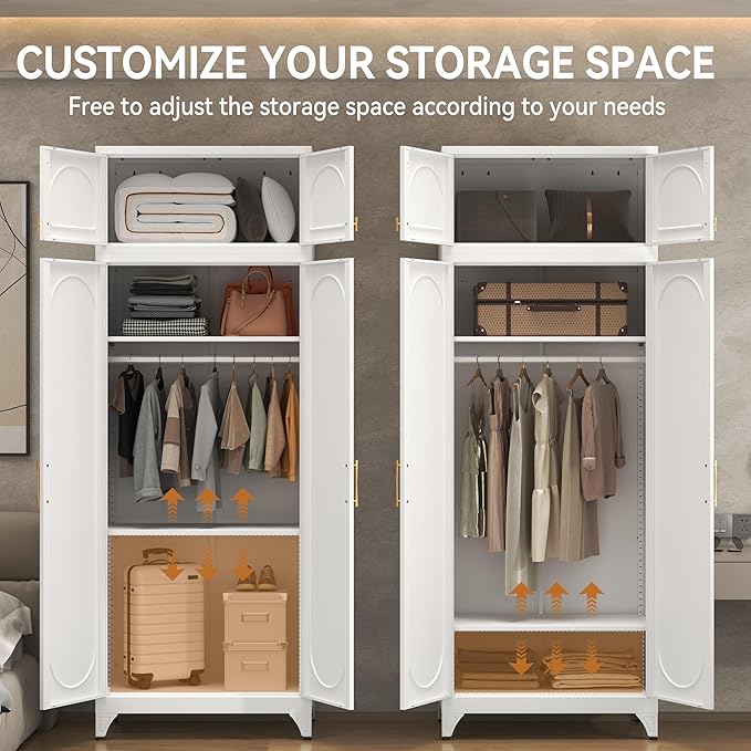 Polup Armoire Wardrobe Closet with Hanging Rod, 86 Inch Tall Metal Wardrobe Cabinet, Metal Armoire with Doors, Large Freestanding Wardrobes for Bedroom, 18"D x 32"W x 86"H, White, Assemble Required