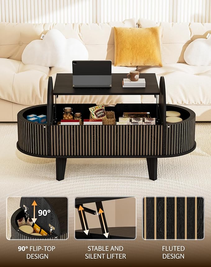 Oval Lift Top Coffee Table with Storage, Fluted 47" Wood Mid Century Modern Coffee Table for Living Room, Black
