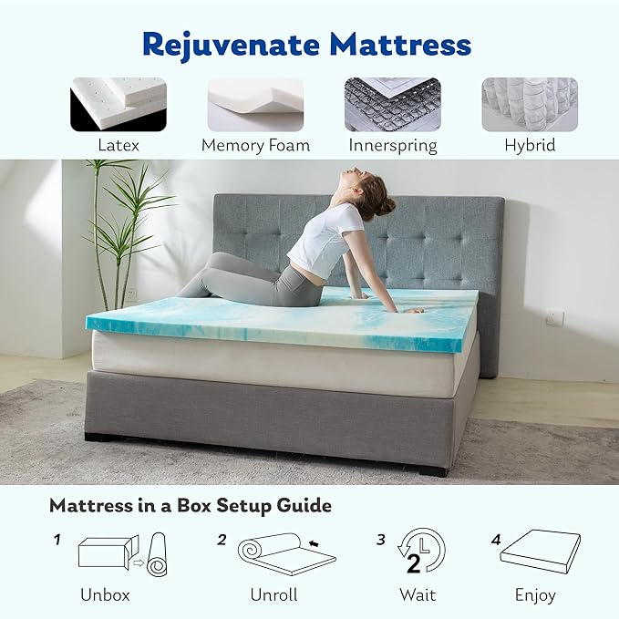 MLILY 2 Inch Queen Memory Foam Mattress Topper with Gel Infusion, Cooling Pad in a Box, CertiPUR-US Certified, 60”x80”, Blue
