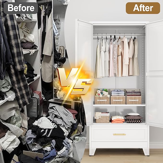 Metal Armoire Wardrobe Closet Storage Cabinet with 2 Doors White, 71'' Wardrobe Cabinet with Hanging Rod Metal Closet with Adjustable Shelf and Drawer for Bedroom, Laundry Room, Cloak Room