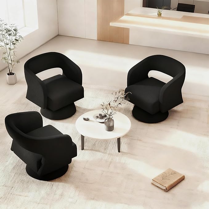 ClinQ Swivel Barrel Accent Chair, Oversized Teddy Upholstered Round Swivel Chairs Set of 3, Modern Luxury 360° Living Room Vanity Chair for Bedroom Office&Living Room, Black