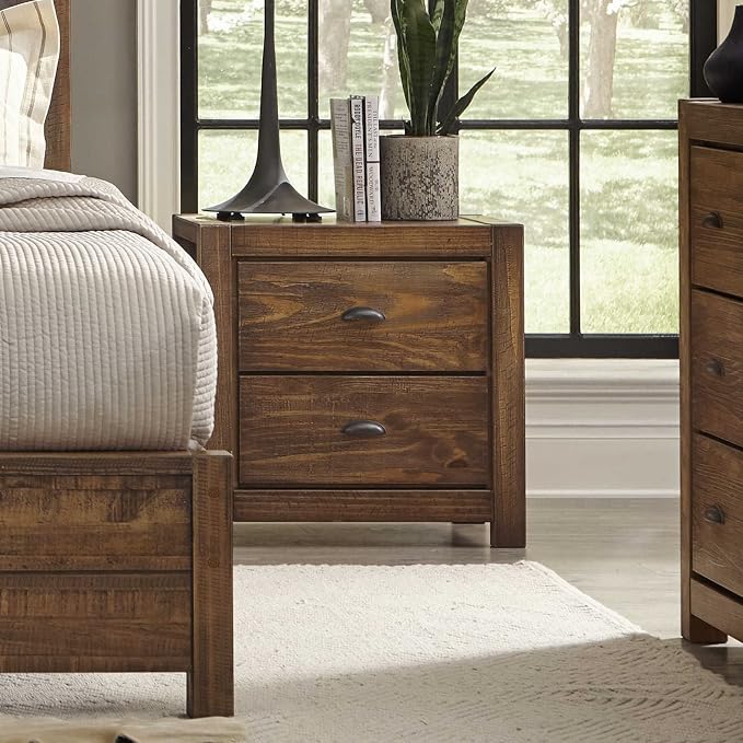 Grain Wood Furniture Montauk 2-Drawer Bedside Nightstand, Solid Wood with Rustic Walnut Finish - Image 2
