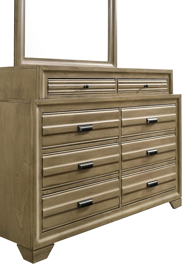 Roundhill Furniture Loiret Light Grey Finish Wood Storage Platform Queen Bedroom Set with Dresser, Mirror, Two Nightstands, Chest