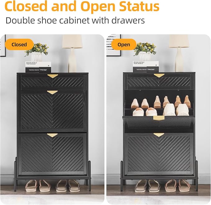 Shoe Cabinet Storage with 2 Flip Drawers, Narrow Hidden Shoes Organizer Cabinet for Entryway, Freestanding Slim Shoe Rack Front Door Entrance(Black) - Image 7