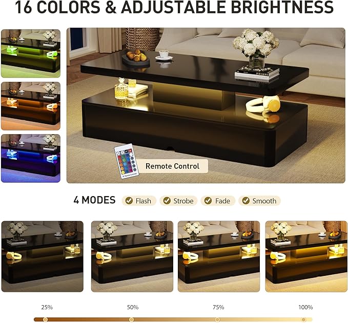47" Modern Coffee Table with 16 Colors LED Lights, 2 Tier Rectangular Center Table with Large Storage Space, Stylish High Glossy Wooden Tea Tables for Living Room, Bedroom, Home Office, Black