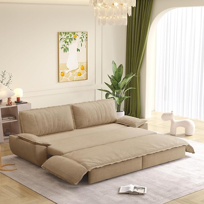 73.2" Queen Size Pull Out Sofa Bed, 3-in-1 Convertible Sleeper, Corduroy Loveseat for Living Room, Apartment, Bedroom Small Spaces, Camel (Mattress & Bedding Not Included)