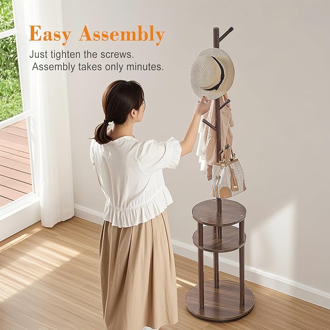VECELO Coat Rack Freestanding, Entryway Hanger Stand, Umbrella Holder, Hall Tree With Hooks, Floor Standing Metal Tree Stand,Walnut - Image 9