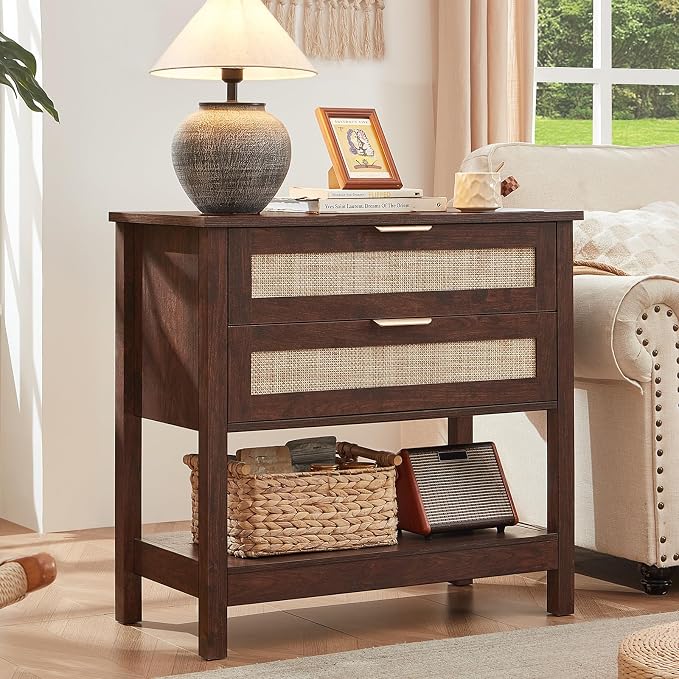 LEYAOYAO 31.5" Wide Rattan Night Stand, Large Boho Nightstand, Bedside Table with Storage, Tall Bed Side End Tables, Chest of Drawers for Bedroom, Living Room, Hallway（Walnut,2 Drawers,2） - Image 3