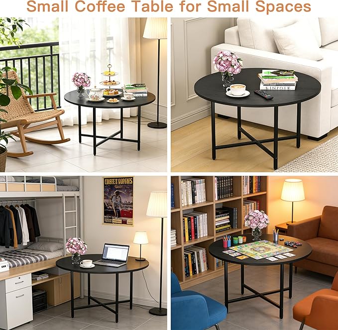 Coffee Table, 23.6" Coffee Tables for Living Room, Round Coffee Table with Metal Frame, Floor Table for Sitting on The Floor, Home, Office, Black