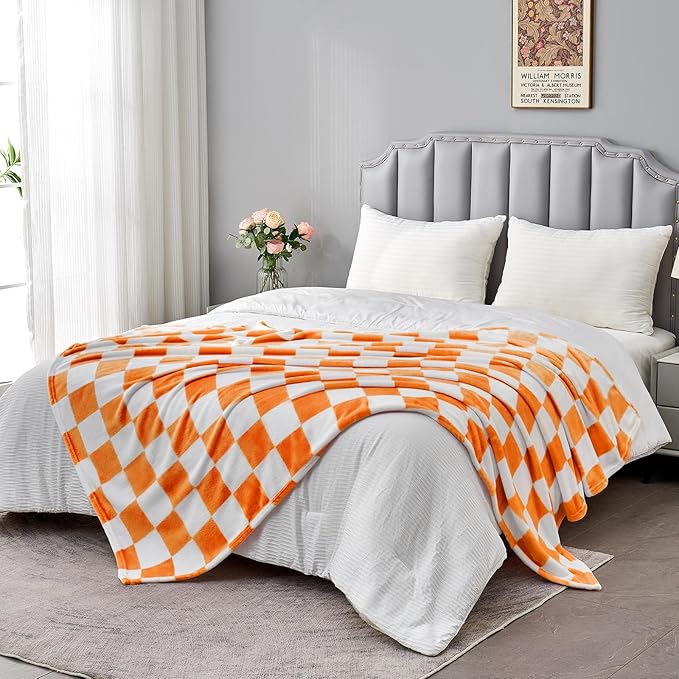 Edenleaf Orange Checkered Blanket, Soft Cozy Fleece Checkered Throw Blankets for Bed Sofa Couch Camping, Ultra Fluffy Throws for All Seasons, 50x60 Inch, Orange