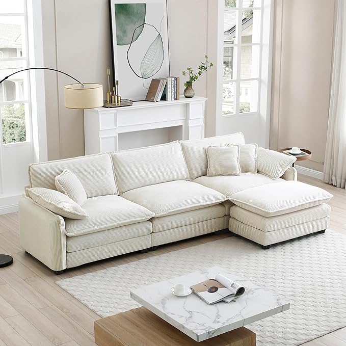 KEIKI 115" L-Shaped Oversized Corduroy Modular Sectional Sofa with 1 Ottoman, High-Density Foam Cushions, Removable Armrests, Upholstered 3-Seater Corner Couch with 5 Pillow, for Living Room, Beige