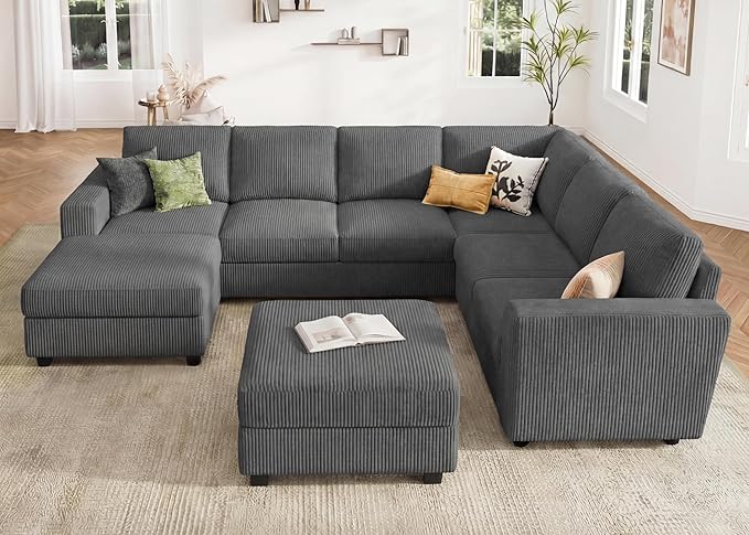 HONBAY Corduroy Sectional Couch with Storage, U Shaped Sectional Sofa, 8 Seater Sectional Couches for Living Room, Dark Gray