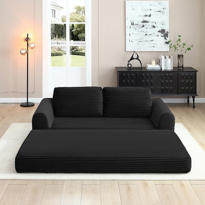 Foldable Boneless Love Seat Couches in a Box, Modern Floor Foam Sleeper Sofa Bed 2-in-1 Convertible Cloud Sofa for Home Apartments Bedroom