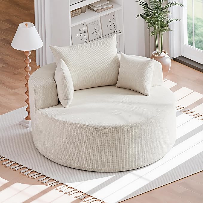 55'' Oversized Round Boneless Chaise Lounge Chair Indoor, Upholstered Corduroy Deep Seat Cloud Large Circle Sofa Couches Bed Corduroy Modern Floor No Assembly Sleeper Bed for Living Room, Bedroom