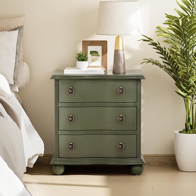 COZAYH Farmhouse 3 Drawer Nightstand with Distressed Wood Finish, Rustic Vintage Small Dresser with Curved Front Design, Solid Pine Base for Bedroom, Almost Fully Assembled, Transitional, Green by COZAYH