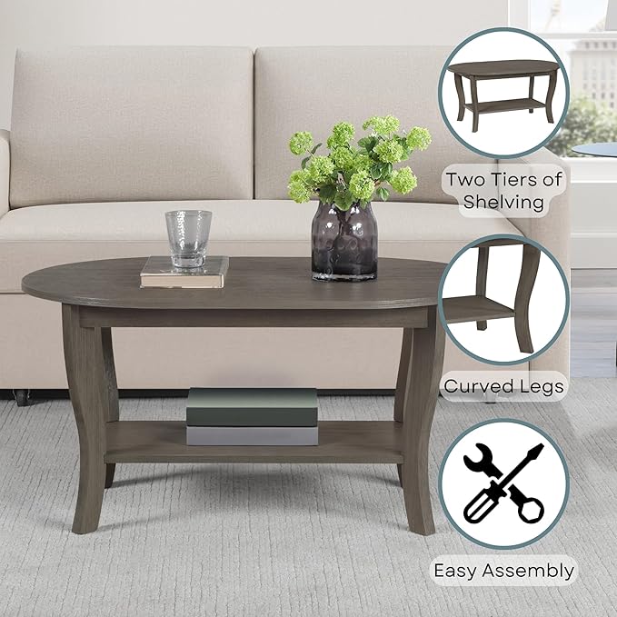 Convenience Concepts American Heritage Oval Coffee Table 36" - Classic Living Room Table with Storage Shelf for Transitional Living Room, Wirebrush Dark Gray