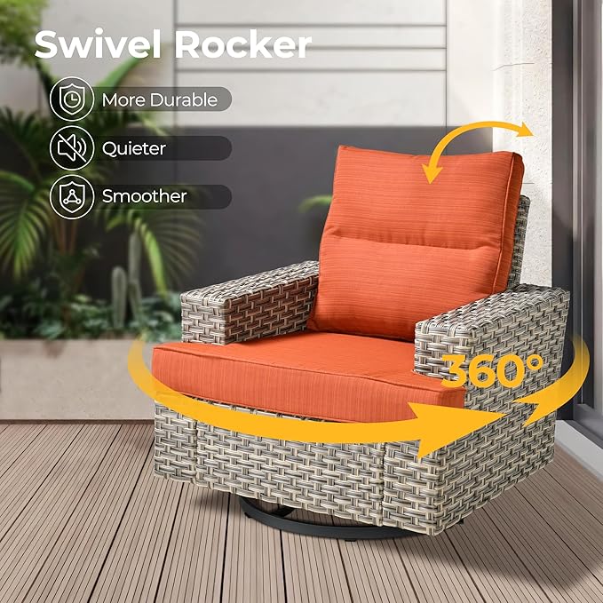 HOOOWOOO Outdoor Sectional Patio Furniture Set with Fire Pit Table,10 Pieces Wicker Conversation Sets L Shaped Couch,Extra Deep Out Door Sofa Outside Furniture with Swivel Chairs,Brick Red