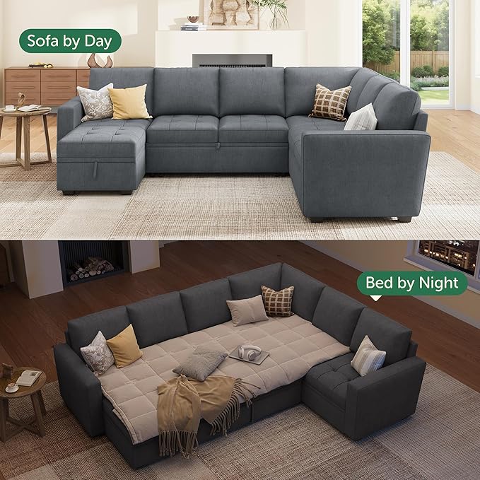 HONBAY Modular Sectional Couch with Pull Out Bed Sleeper Sofa with Storage U Shaped Modular Sectional Couches for Living Room,Warm Bluish Grey